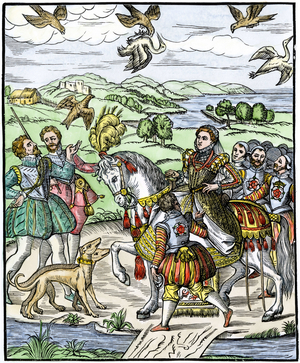 History of kings. Queen Elizabeth Iere of England (Elizabeth I, 1533-1603) during a falcon hunt, 1575.