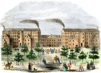 Textile Factory: Kirk Boott Cotton Industry (1791-1837) on the Merrimack River (Merrimac), Lowell, Massachusetts, USA in the 1850s. Colouring engraving of the 19th century.