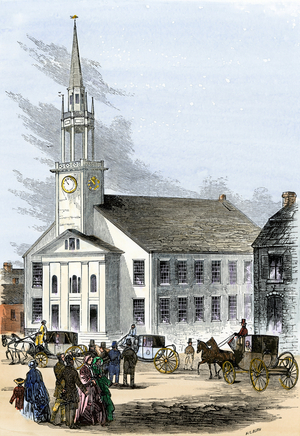 The hitch in the street in front of the former south church in Newburyport, Massachusetts, circa 1850. 19th century lithography.