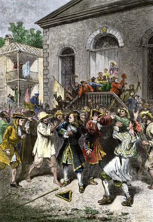 United States, State of South Carolina: Anarchist crowd during the elections of Charleston, South Carolina, 1701. Colour engraving of the 19th century.