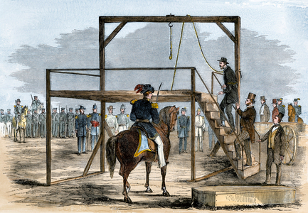 The abolitionist John Brown (1800-1859), a bloody activist and author of the massacre of Pottawatomy in 1856 and of Harpers Ferry in 1859 - Colorized engraving, 19th century - John Brown ascending the scaffold for his execution, 1859 - Hand-colored woodcut of a 19th-century illustration