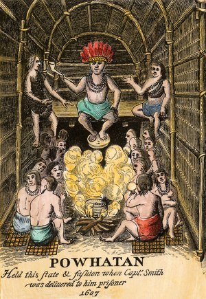 Indian chief Powhatan of Virginia, father of Pocahontas, 1607. Hand-colored woodcut reproduction from John Smith's account, “” The Generall Historie of Virginia...”” 1624. Coloured engraving of the 19th century.