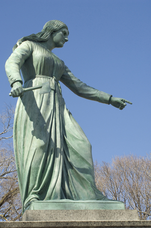 Statue of Hannah Duston (nee Emerson1657-1736), a woman of the colony of New England, who, after being captured in an Indian raid in March 1697, escaped them overnight, killing her captors with a tomahawk and fleeing aboard a canoe. First American woman to be honored with a statue