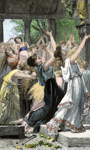 Second Punic War: Roman women begging the gods to save the city of Rome from Hannibal and Carthaginians in 216 BC. Coloured engraving of the 19th century.