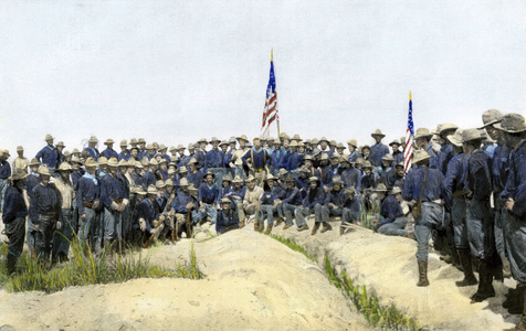 The American Hispano War (Desastre of 98) in 1898 between the United States of America and Spain: Colonel Roosevelt and the Rough Riders after the capture of the heights of the San Juan Hills on July 1, 1898. From photography