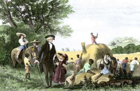 George Washington (1732-1799) and his children supervised farm workers. Engraving of the 19th century.