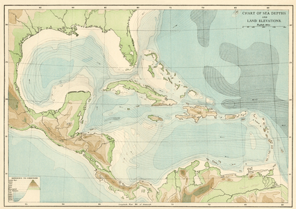 Map of America with sea depth levels along the coasts of Mexico, the Caribbean Islands and the Caribbean. Color lithograph of the 19th century.