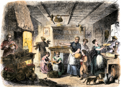 Family preparing Thanksgiving dinner, United States, 1850. 19th century coloring engraving.