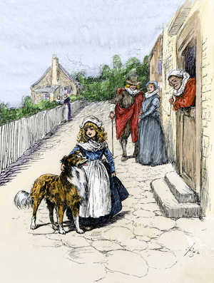United States, State of Virginia: Settlers on an old street in Jamestown, Colony of Virginia, 17th century. Colour engraving of the 19th century