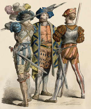German squire with his armed servants, ca. 1500 - German country squire with his armed attendants, 1500s. Antique hand-colored print, English
