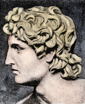 Civilization of Antiquity: Portrait of Alexander the Great. Colour engraving of the 19th century after a sculpture.