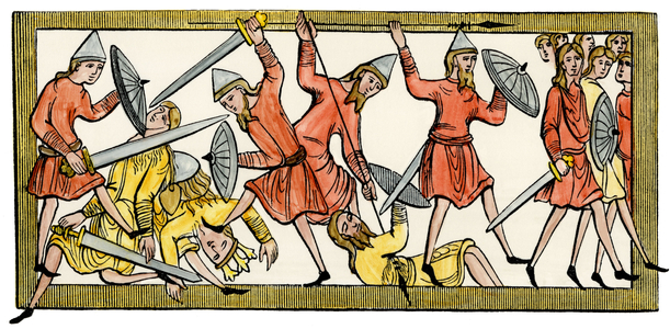 Saxons fighting at the beginning of the Middle Ages. Colouring engraving from the 19th century.