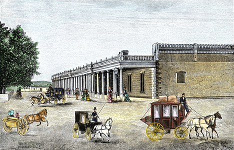United States, State of New Mexico: Governor's Palace, Spanish Capitol of New Mexico and end of Santa fe Railway. Colour engraving of the 19th century.