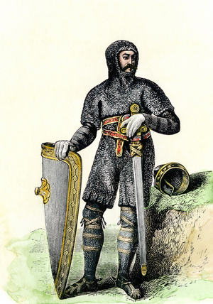 History of kings. William the Conquerant in mesh side armor. Colour engraving of the 19th century