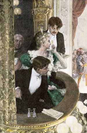 Bourgeois family in their dressing room on the balcony of the opera, circa 1900. Reproduction of a work by Louis Loeb.