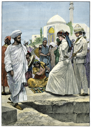 Algiers street magician, 1890s - Street conjurer in Algiers performing for European tourists, 1890s.