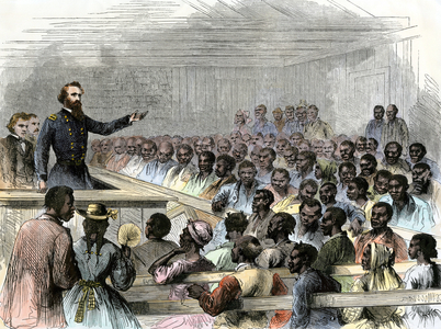 General Stedman and other officers at a meeting with free stopovers near Trent River, North Carolina, 1866. Colour engraving of the 19th century.
