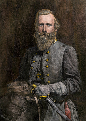 US Civil War, 1861-1865: portrait of General James Ewell Brown “” Jeb”” Stuart (1833-1864), commander of the cavalry of the Confederate states. Lithography after a 19th century photograph.