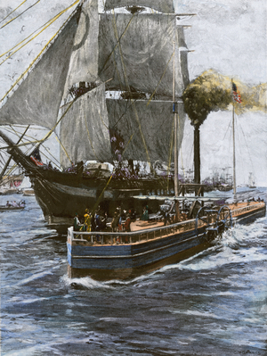 First voyage of Fulton's steamboat “Clermont”” on the Hudson River, USA, 1807. Colour engraving of the 19th century.