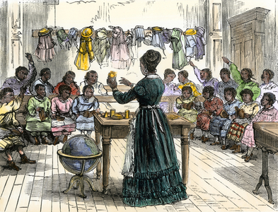 Learning forms and volumes in a school open to the teaching of African American children, New York City (USA), 1870. 19th century lithography.