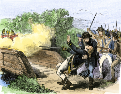United States of America Independence War (1775-1783): Minuteman Isaac Davis (1745-1775) killed holding the Red Tunics (English Armee) across North Bridge during the Battle of Concord, 1775. Colourful engraving of the 19th century.