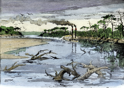 Branch in low water preventing a boat (riverboat) from travelling on the Mississippi River, 19th century. Colour engraving of the 19th century.