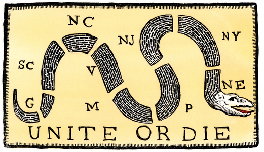 War of Independence of the United States of America (1775-1783): “Unite or Die” (United or dead). Snake drawing as a symbol of America in pieces wishing to unite in opposition to British politics. Political cartoon inspired by the “Join or Die” published in 1754 in the “Pennsylvania”, Gazette by Benjamin Franklin. Coloured engraving of the 19th century.