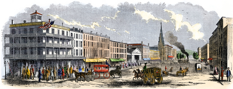United States: Salina Street street scene in downtown Syracuse, New York, years 1850. Colour engraving of the 19th century.