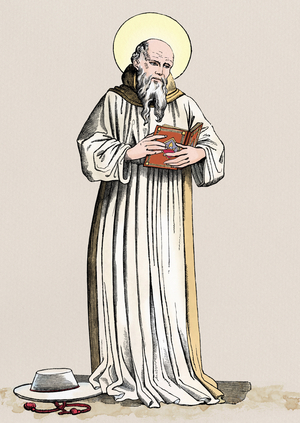 Portrait of Saint Bonaventure (Giovanni da Fidanza or Bonaventure de Bagnorea, circa 1220-1274), theologian, doctor of the Church (Seraphic Doctor). Colour engraving after a fresco by John of Florence.