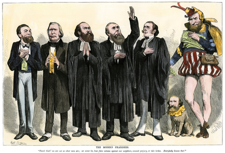 Those responsible for the real estate credit scandal described as the modern Pharisees, 1873. With portraits of Schuyler Colfax (1823-1885) on the left, James Garfield (1831-1881) with a raised arm, Oakes Aims (1804-1873) disguise as a jester, Ulysses Grant (1822-1885) with a dog's body. Engraving on wood, colour, 19th century.
