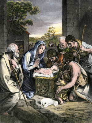 Bible scene: Shepherds with Mary, Joseph and Jesus in Bethlehem (Bethleem). Colouring engraving of the 19th century.