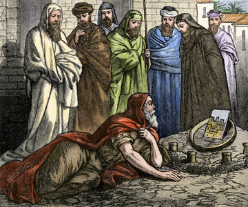 The Hebrew prophete Ezechiel recounts his visions of God. Colour engraving of the 19th century.