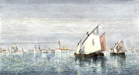 Sailboats in the lagoon of Venice, Italy. Colouring engraving from the 19th century.