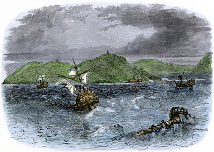 Sinking of the boat of Jacques Cartier (1491-1557), French navigator and explorer in the Detroit of Belle Ile (Belle-Ile), Gulf of Saint Laurence, Canada. Colourful engraving of the 19th century.