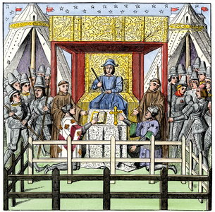 Middle Ages: legal system. Plaintiff and defendant taking oath before the judge in the 15th century. Colour engraving of the 19th century.