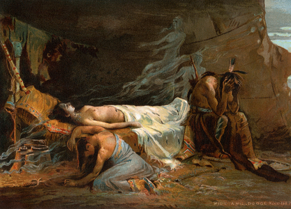 Mythology of the North American Indians: the legend of Hiawatha (Ayenwatha or Nanabozo) founder of the Iroquois confederation, the heros and his grandmother Nokomis, mourn the death of his wife Minnehaha - Colorful lithography after a 19th century painting by William de Leftwich Dodge (1867-1935) - Hiawathathatha Minnehaha and Nokomis mourning - Color lithograph reproduction of a 19th-century painting by William Dodge