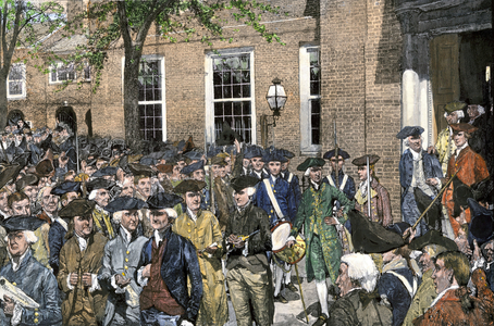 War of Independence of the United States of America (1775-1783): the Continental Congress left the Independence Hall to listen to the first public reading of the Declaration of Independence in Philadelphia, 1776. Colouring engraving from the 19th century after an illustration by Howard Pyle.
