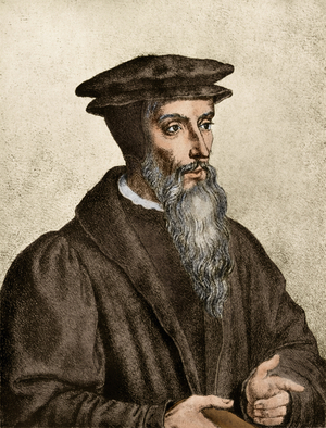 Portrait of Jean Calvin (Jehan Cauvin, 1509-1564) was a French man of letters, a Protestant theologian. Colour engraving of the 19th century