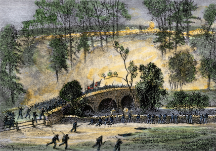 American Civil War (1861-1865): The attack of the Union Army crossing the Burnside Bridge over Antietam Creek during the Battle of Antietam (or Battle of Sharpsburg in the south) on September 17, 1862. Colour engraving of the 19th century.