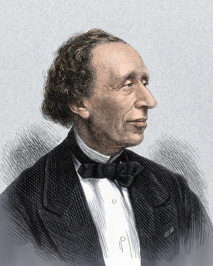 Portrait of Danish writer and poet Hans Christian Andersen (1805-1875). 19th century colour engraving.