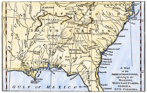 Geographic map of the Indian nations of southeastern North America (present-day states of Florida, Georgia and North and South Carolina, around the Gulf of Mexico, USA), circa 1776. Lithography, 19th century.