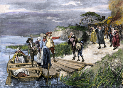 United States, Massachusetts: Punishment of heretics by exiling them from the Massachusetts Bay colony, years 1600. Colour engraving of the 19th century.