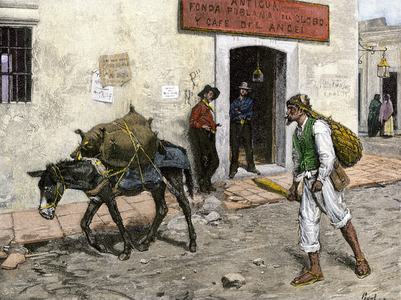 A Mexican pulque salesman in a neighborhood in Los Angeles, United States. Debut of the 19th century Mexican pulque carrier in Los Angeles, 1800s. Hand-colored woodcut of a 19th century illustration