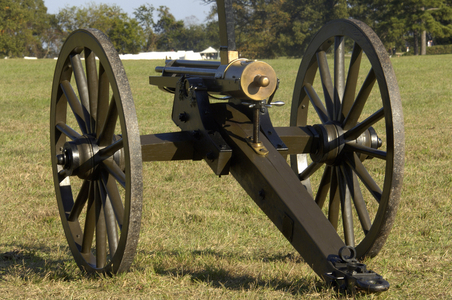 The 19th century Gatling (first machine gun designed by American inventor Richard Gatling in 1861 to automatically fire), Yorktown battlefield, Virginia
