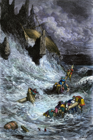 Myths and legends: Sinbad (Sindbad) and his companions after the 1001 nights (thousand and one nights). Colour engraving by Gustave Dore.