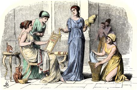 Femmes occupees a tisser, filer et d'autres taches menageres, Grece antique. Gravure coloriee du 19eme siecle.