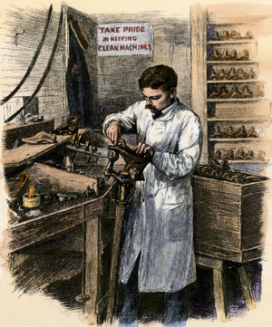 Worker in a shoe factory workshop making soles, 19th century. Colour engraving of the 19th century.
