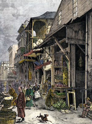 Chinatown shop in San Francisco, USA, years 1870. Colour engraving of the 19th century.