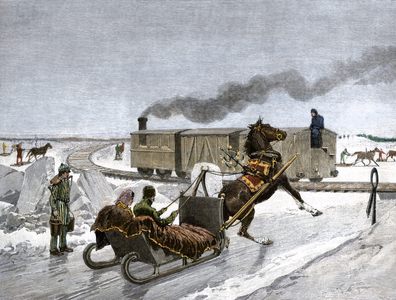 Railway on the St. Lawrence River gele, Canada, circa 1880. Colour engraving.