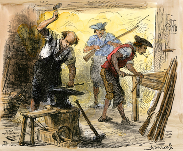 War of Independence of the United States of America (1775-1783): gunsmith forging muskets to arm the Minutemen before the war, years 1770. Coloured engraving from an illustration by Darley.